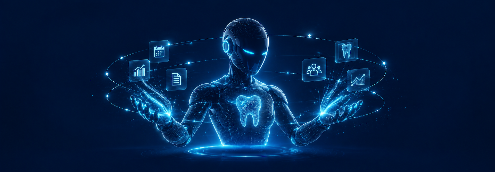 AI assistant surrounded by dental clinic scheduling, patient, document, and analytics tools
