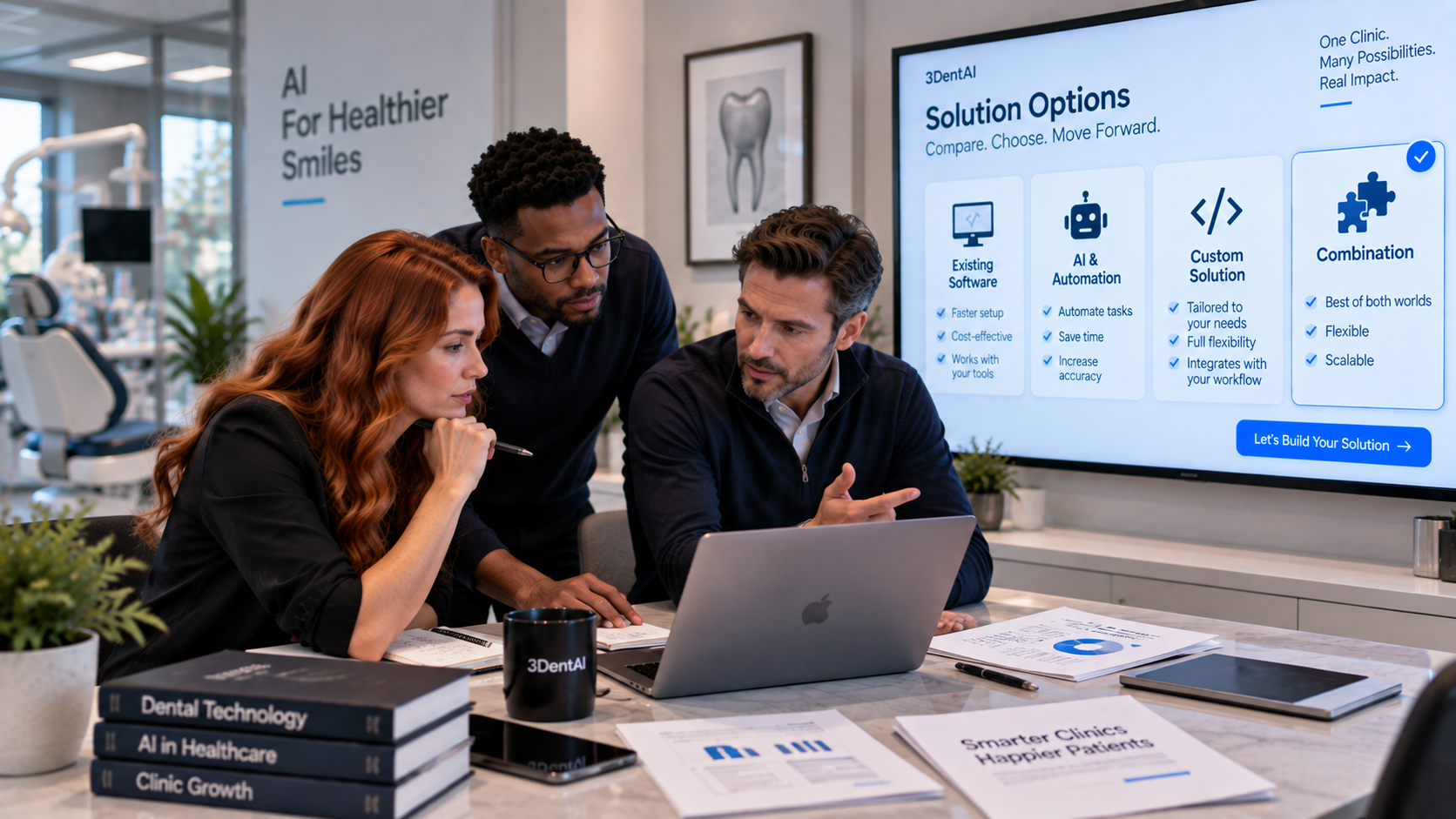A team comparing software solutions for a dental clinic