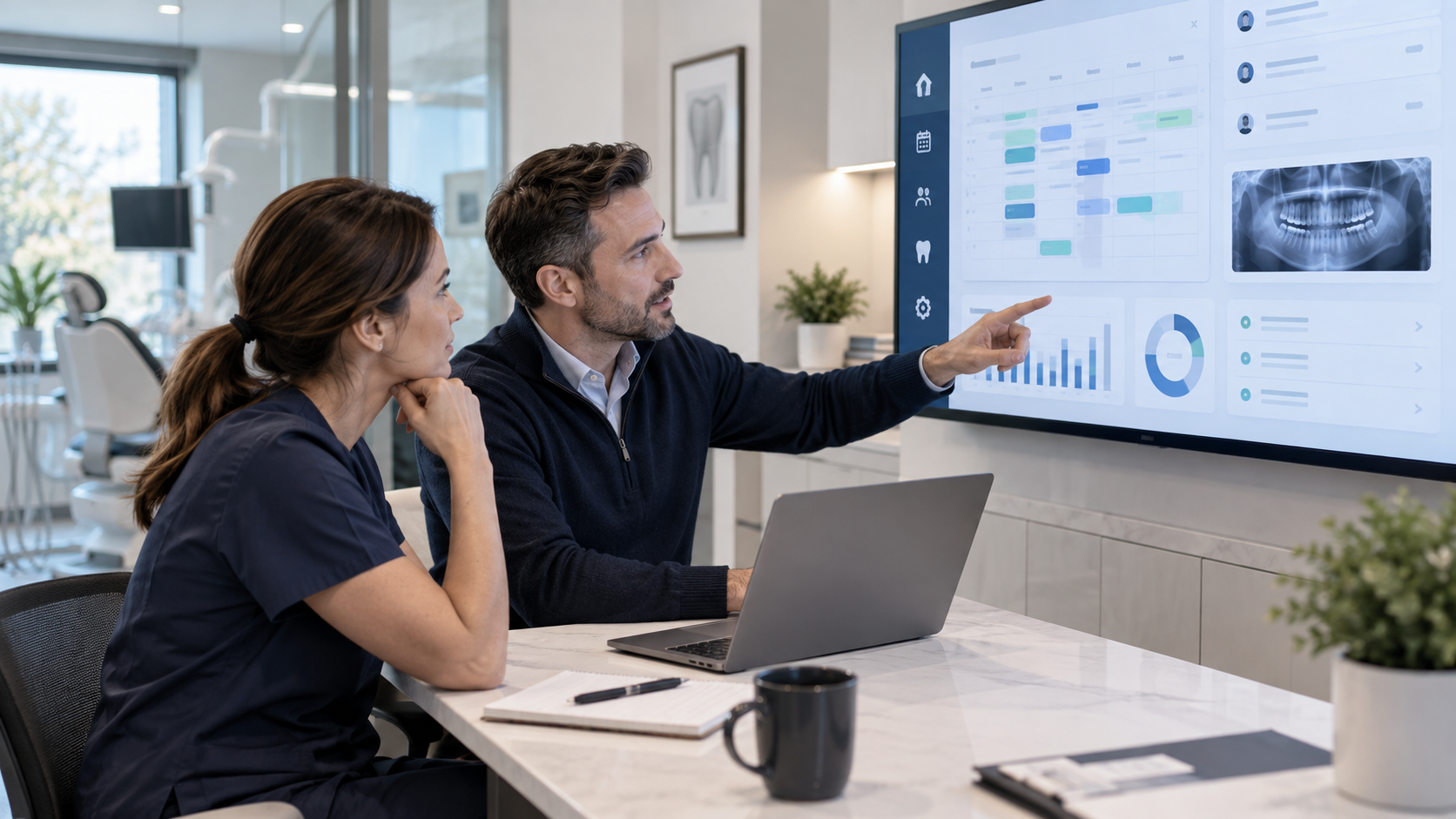 Consultants reviewing clinic workflows on a screen