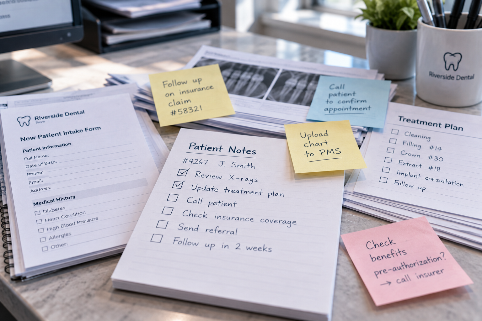 Patient notes, intake forms, and treatment paperwork on a desk