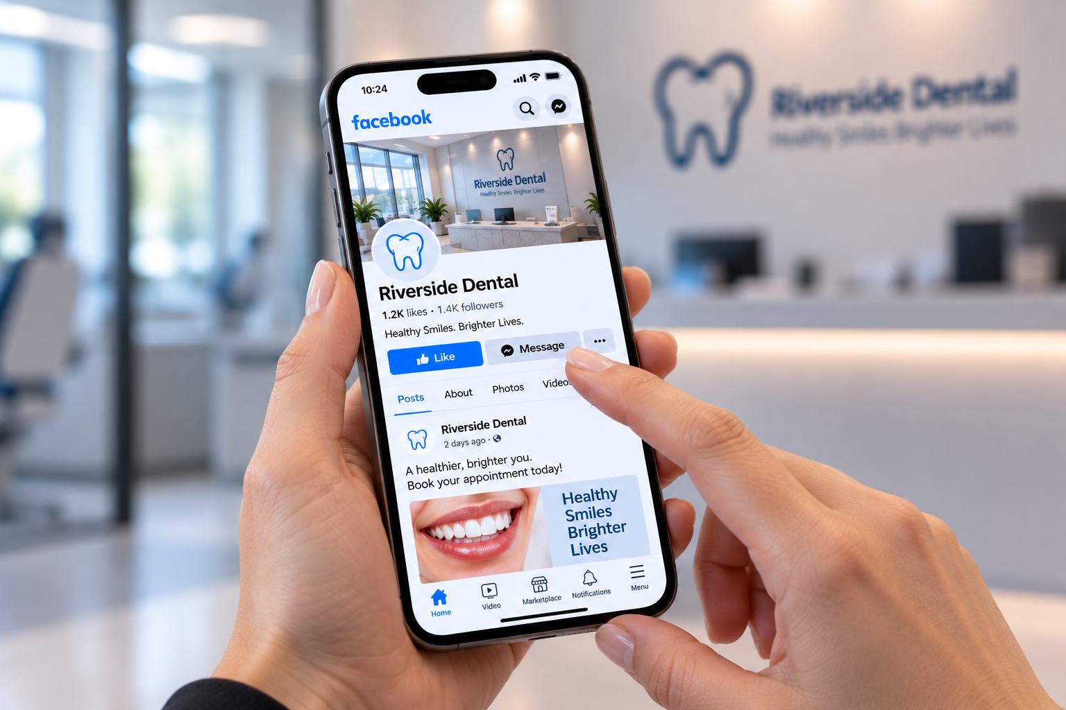 A dental practice social media page viewed on a phone